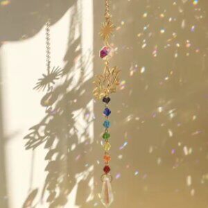 Golden Petal Lotus Flowers With Multi Color Crystals Hanging Sun Catcher NEW